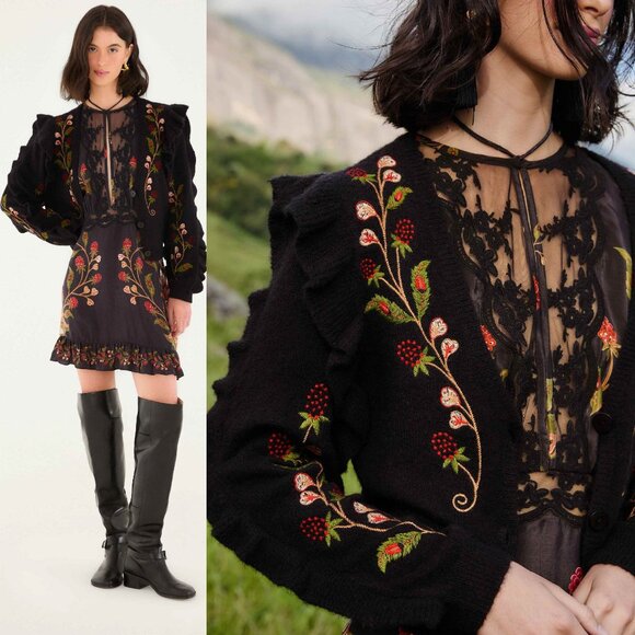 FARM Rio Sweaters - Farm Rio Black Berry Embroidery Cardigan sweater XL New!